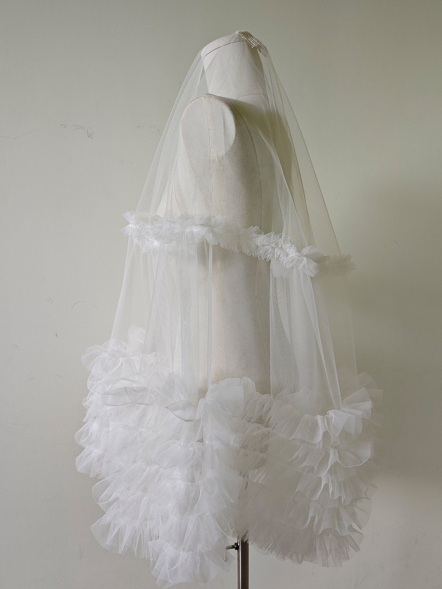 Romantic Ruffled Edge Bridal Veil - Heavy-Handcrafted Single Layer Pleated Tulle Wedding Veil with Voluminous Cascading Flounces  LUNA-X380