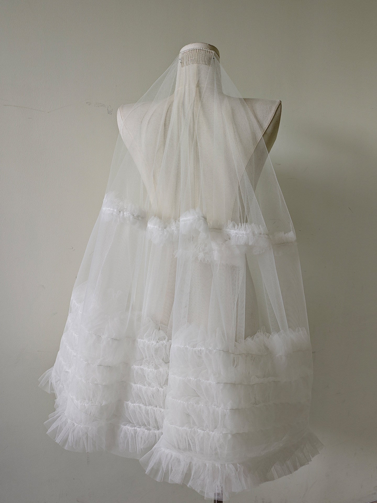 Romantic Ruffled Edge Bridal Veil - Heavy-Handcrafted Single Layer Pleated Tulle Wedding Veil with Voluminous Cascading Flounces  LUNA-X380