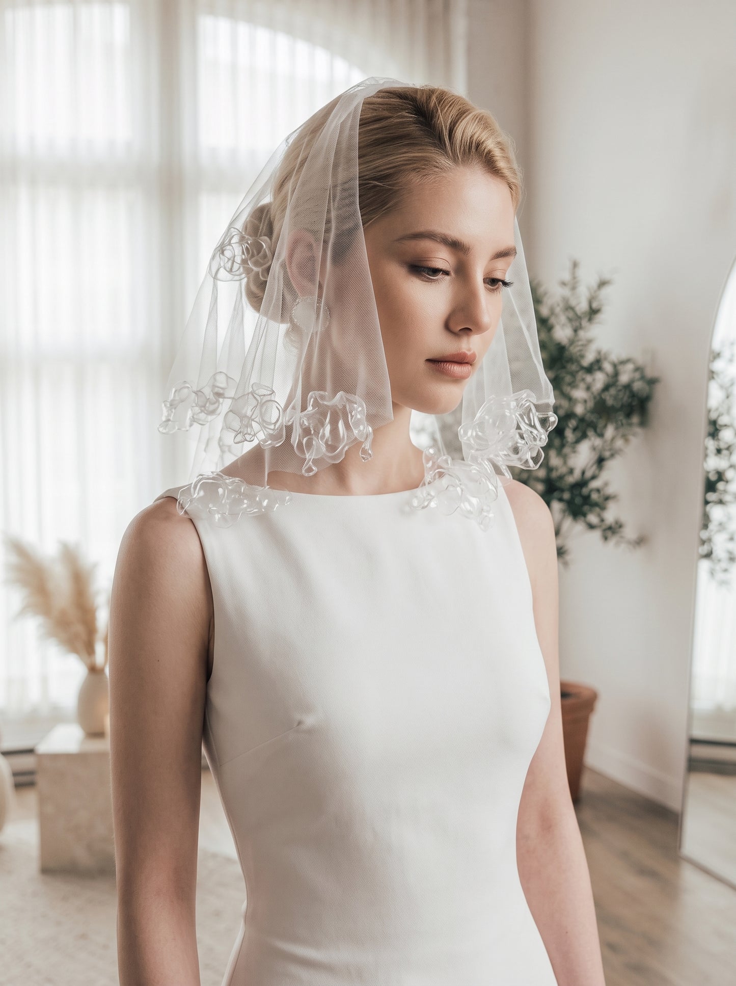 Avant-Garde Liquid Bubble Edge Bridal Veil - Single Layer Soft Illusion Tulle Short Wedding Veil with Sculpted Clear Flounces  LUNA-X381