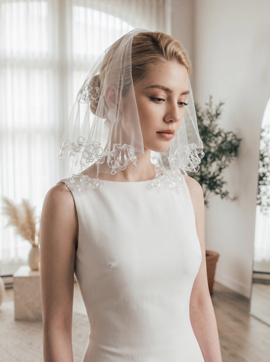 Avant-Garde Liquid Bubble Edge Bridal Veil - Single Layer Soft Illusion Tulle Short Wedding Veil with Sculpted Clear Flounces  LUNA-X381