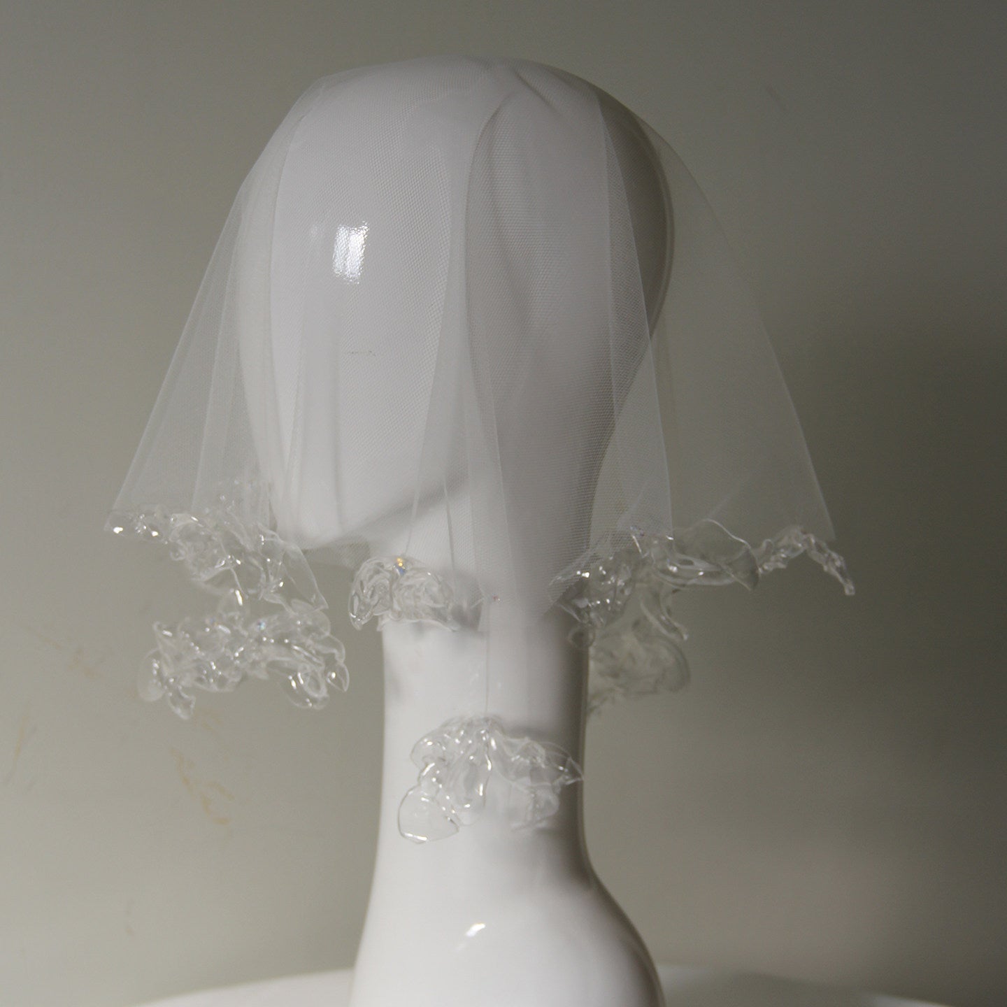 Avant-Garde Liquid Bubble Edge Bridal Veil - Single Layer Soft Illusion Tulle Short Wedding Veil with Sculpted Clear Flounces  LUNA-X381