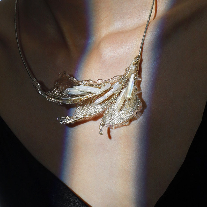 Avant-Garde Hand-Woven Metallic Mesh Collar - Deconstructed Leaf Choker Necklace with Bar-Shaped Shell Beads and Clear Lucite Drops  LUNA-X382