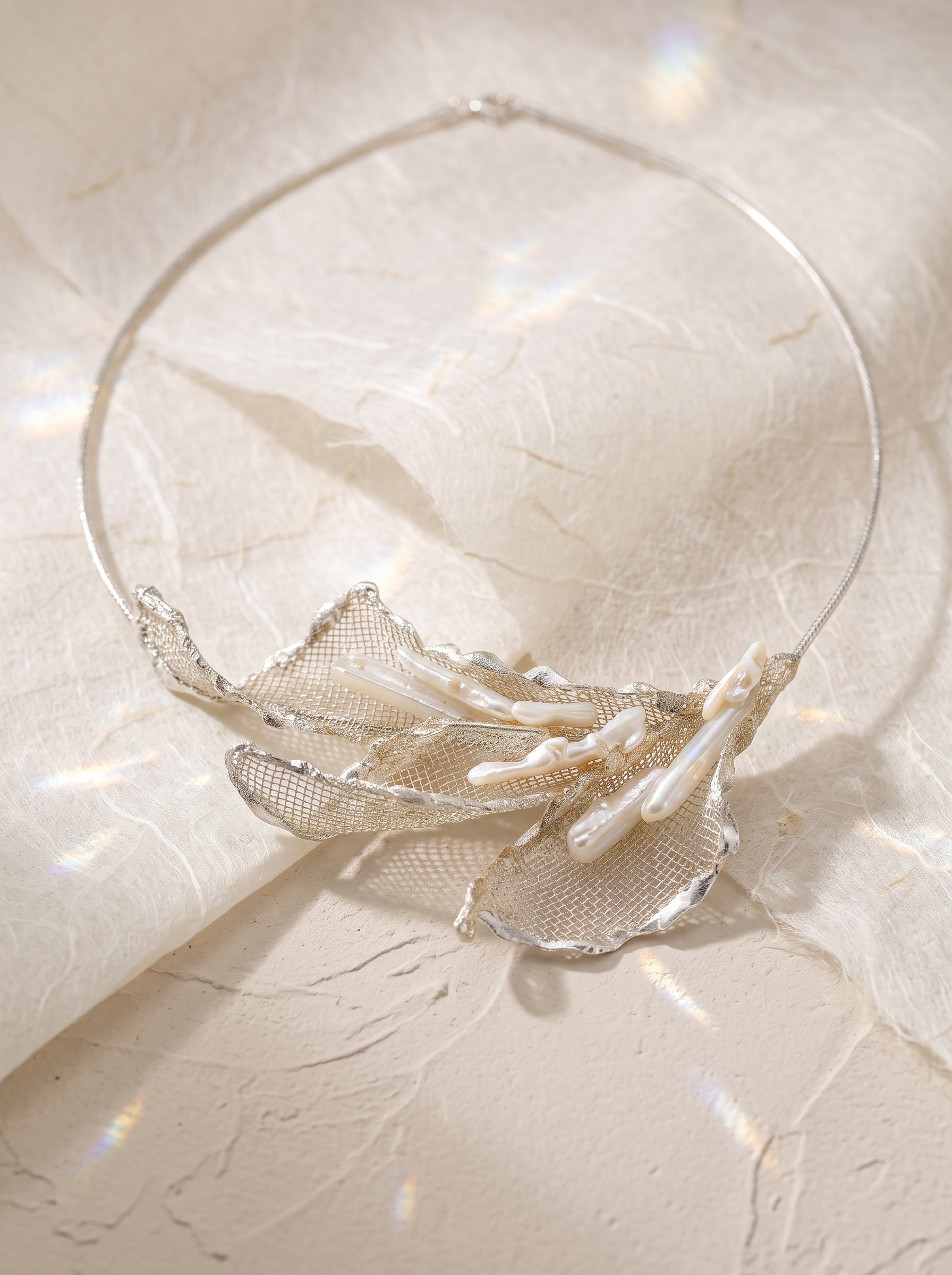 Avant-Garde Hand-Woven Metallic Mesh Collar - Deconstructed Leaf Choker Necklace with Bar-Shaped Shell Beads and Clear Lucite Drops  LUNA-X382