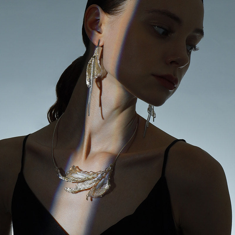 Avant-Garde Hand-Woven Metallic Mesh Collar - Deconstructed Leaf Choker Necklace with Bar-Shaped Shell Beads and Clear Lucite Drops  LUNA-X382