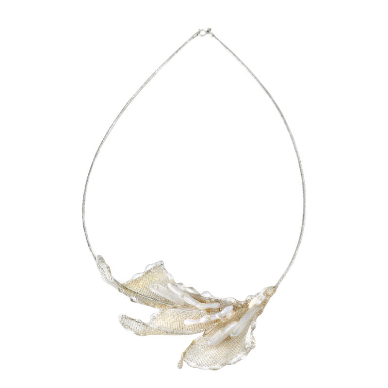 Avant-Garde Hand-Woven Metallic Mesh Collar - Deconstructed Leaf Choker Necklace with Bar-Shaped Shell Beads and Clear Lucite Drops  LUNA-X382