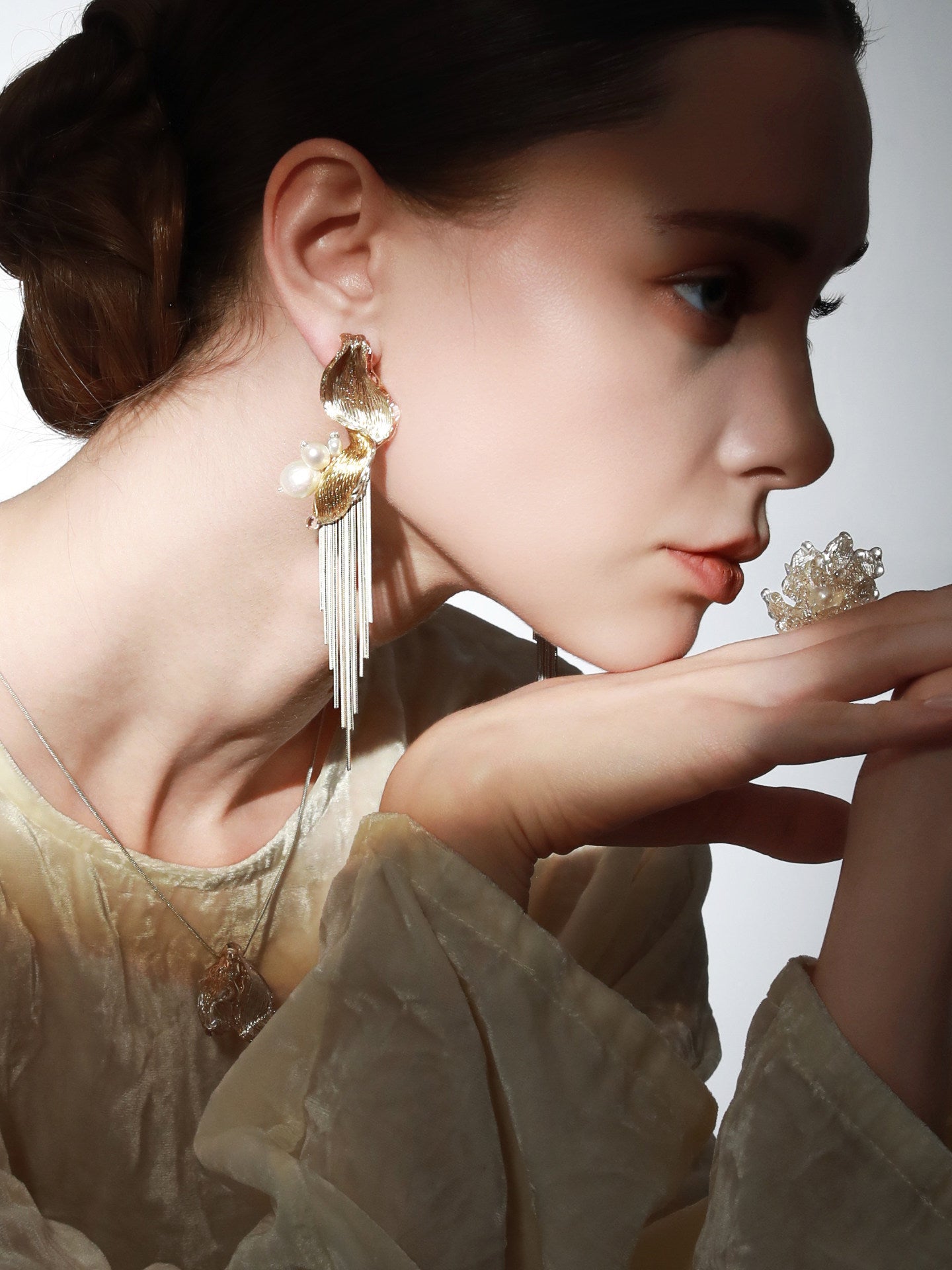 Avant-Garde Hand-Woven Metallic Mesh Tassel Earrings - Deconstructed Wave Drop Earrings with Waterfall Chains and Clear Ice-Like Droplets LUNA-X383