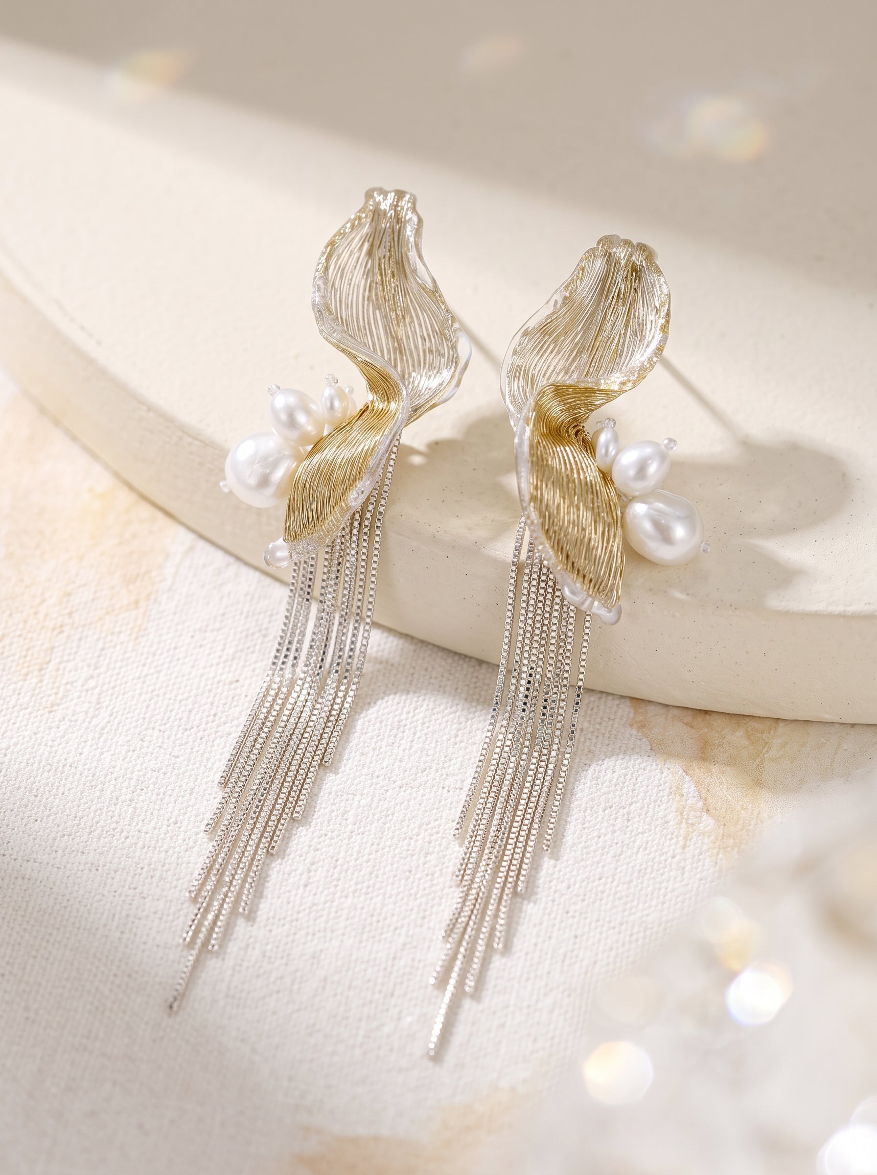 Avant-Garde Hand-Woven Metallic Mesh Tassel Earrings - Deconstructed Wave Drop Earrings with Waterfall Chains and Clear Ice-Like Droplets LUNA-X383