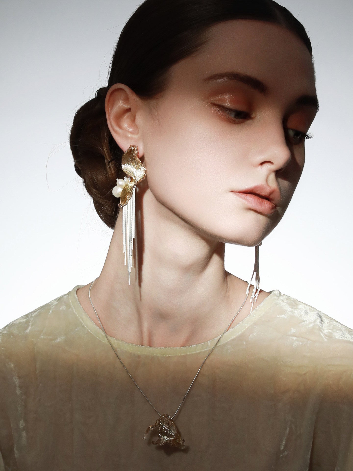 Avant-Garde Hand-Woven Metallic Mesh Tassel Earrings - Deconstructed Wave Drop Earrings with Waterfall Chains and Clear Ice-Like Droplets LUNA-X383