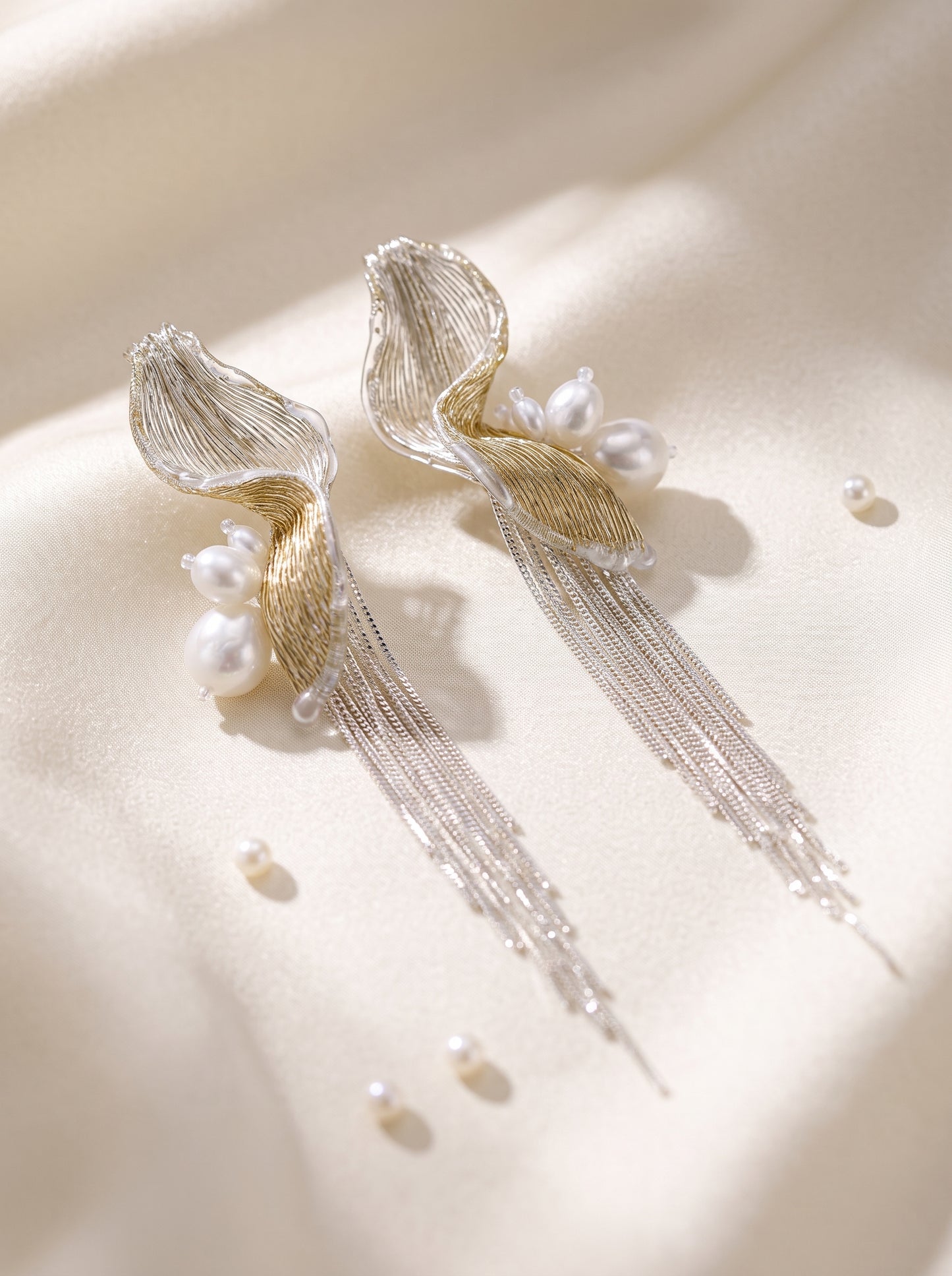 Avant-Garde Hand-Woven Metallic Mesh Tassel Earrings - Deconstructed Wave Drop Earrings with Waterfall Chains and Clear Ice-Like Droplets LUNA-X383