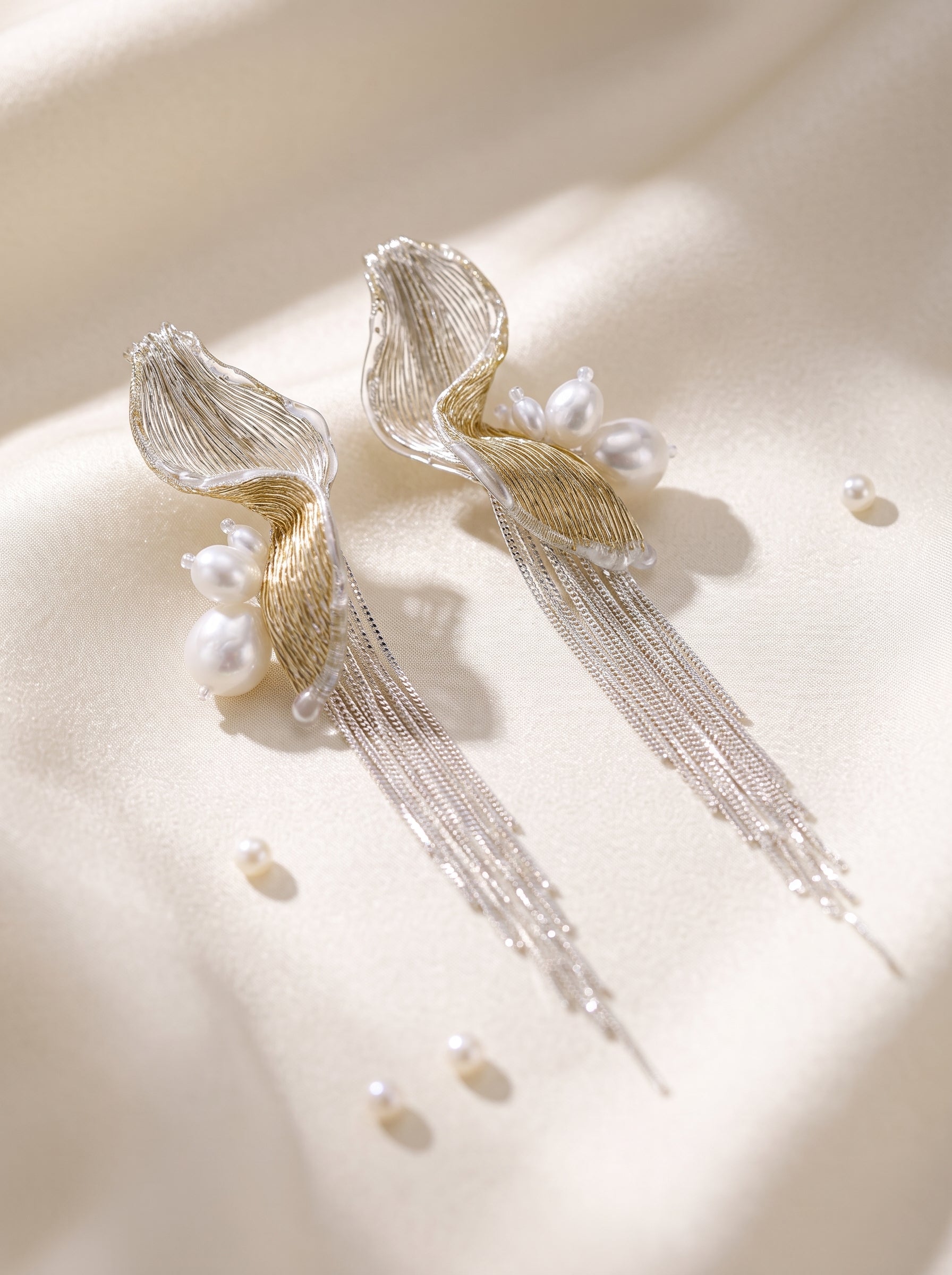 Avant-Garde Hand-Woven Metallic Mesh Tassel Earrings - Deconstructed Wave Drop Earrings with Waterfall Chains and Clear Ice-Like Droplets LUNA-X383