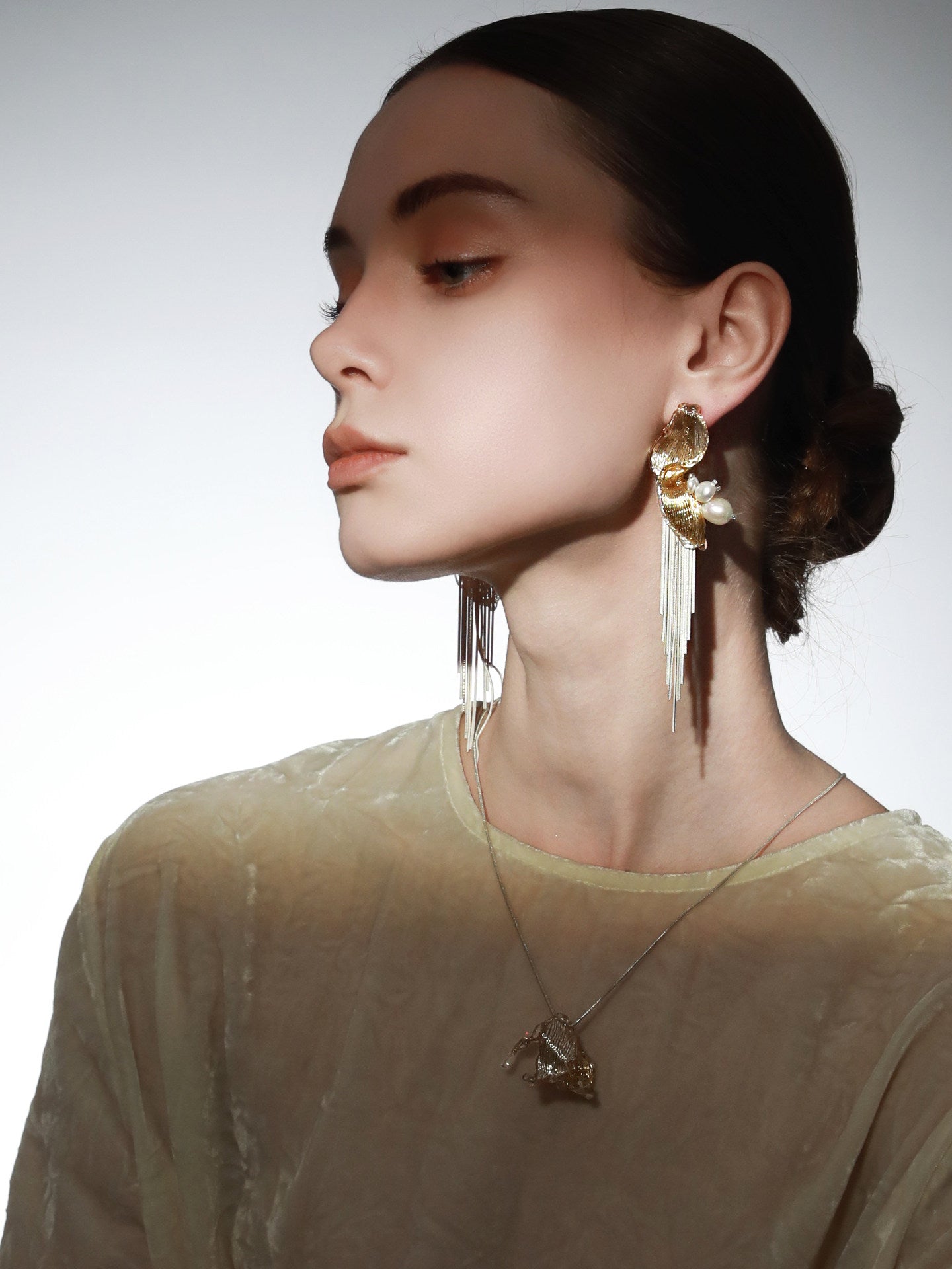 Avant-Garde Hand-Woven Metallic Mesh Tassel Earrings - Deconstructed Wave Drop Earrings with Waterfall Chains and Clear Ice-Like Droplets LUNA-X383