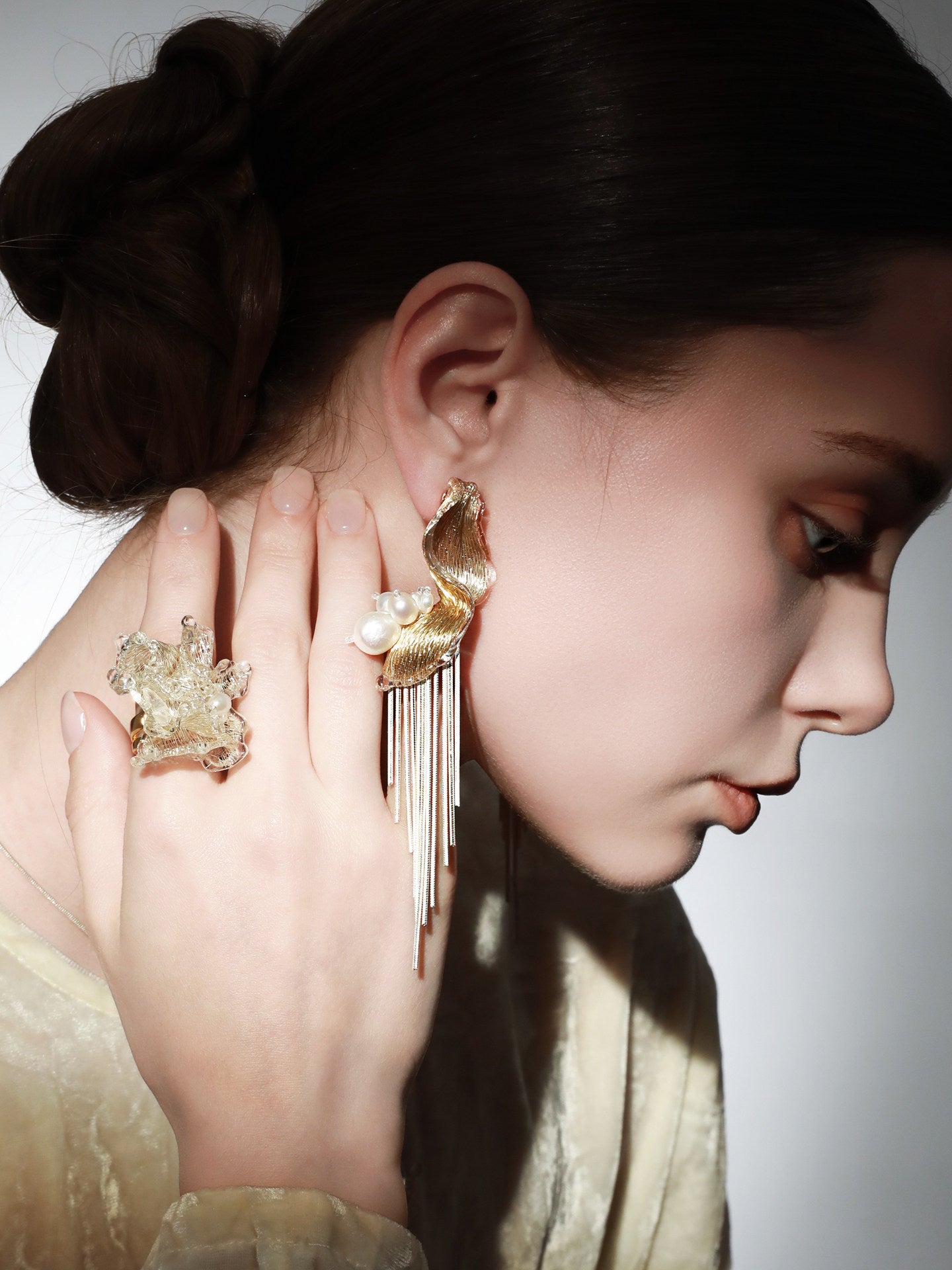 Avant-Garde Hand-Woven Metallic Mesh Tassel Earrings - Deconstructed Wave Drop Earrings with Waterfall Chains and Clear Ice-Like Droplets LUNA-X383