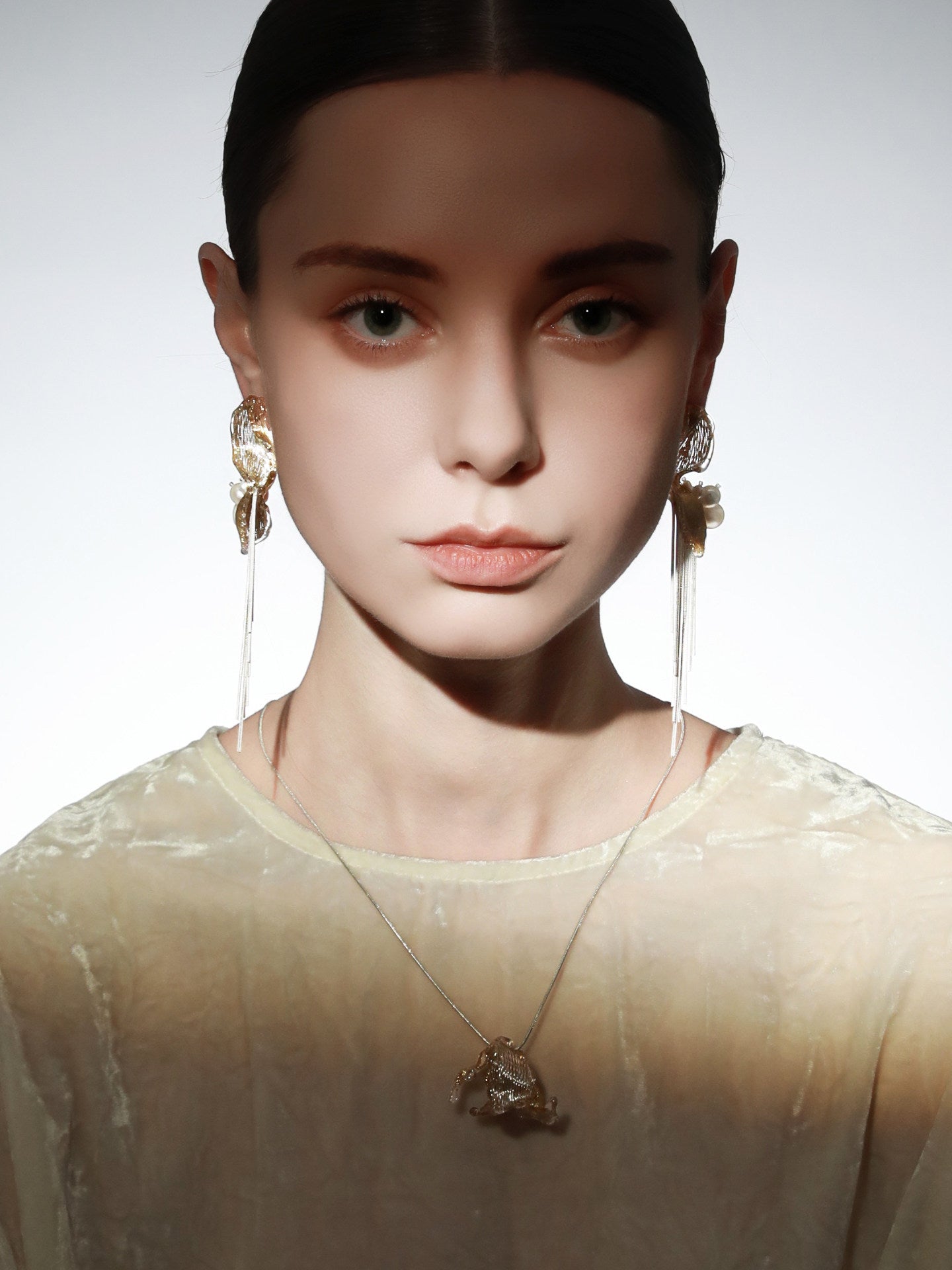 Avant-Garde Hand-Woven Metallic Mesh Tassel Earrings - Deconstructed Wave Drop Earrings with Waterfall Chains and Clear Ice-Like Droplets LUNA-X383