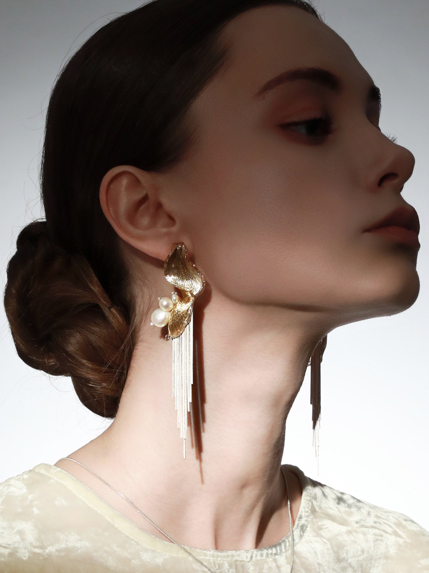 Avant-Garde Hand-Woven Metallic Mesh Tassel Earrings - Deconstructed Wave Drop Earrings with Waterfall Chains and Clear Ice-Like Droplets LUNA-X383