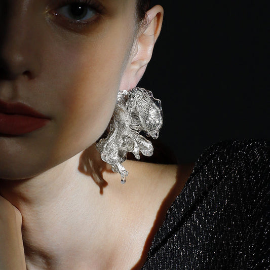 Avant-Garde Hand-Woven Metallic Mesh Flower Earrings - Sculptural Deconstructed Ruffled Ear Studs with Clear Ice-Like Drops  LUNA-X384
