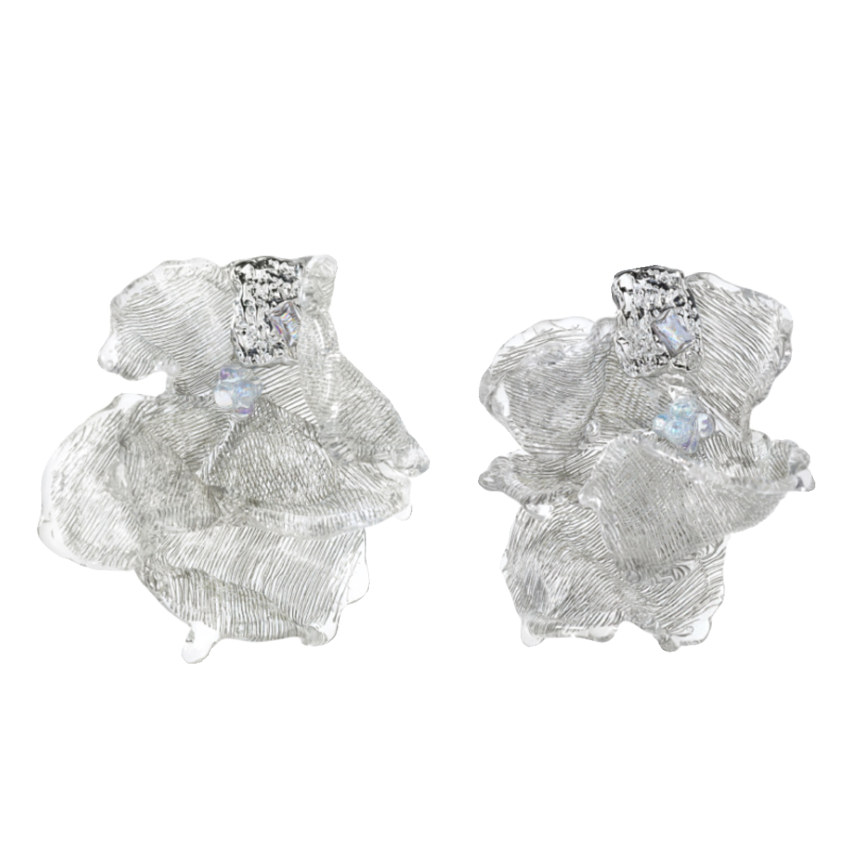 Avant-Garde Hand-Woven Metallic Mesh Flower Earrings - Sculptural Deconstructed Ruffled Ear Studs with Clear Ice-Like Drops  LUNA-X384