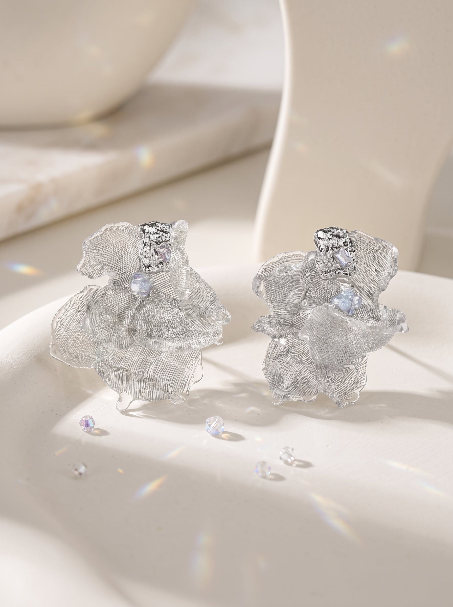 Avant-Garde Hand-Woven Metallic Mesh Flower Earrings - Sculptural Deconstructed Ruffled Ear Studs with Clear Ice-Like Drops  LUNA-X384
