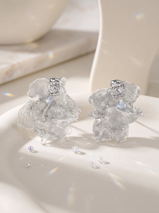 Avant-Garde Hand-Woven Metallic Mesh Flower Earrings - Sculptural Deconstructed Ruffled Ear Studs with Clear Ice-Like Drops  LUNA-X384