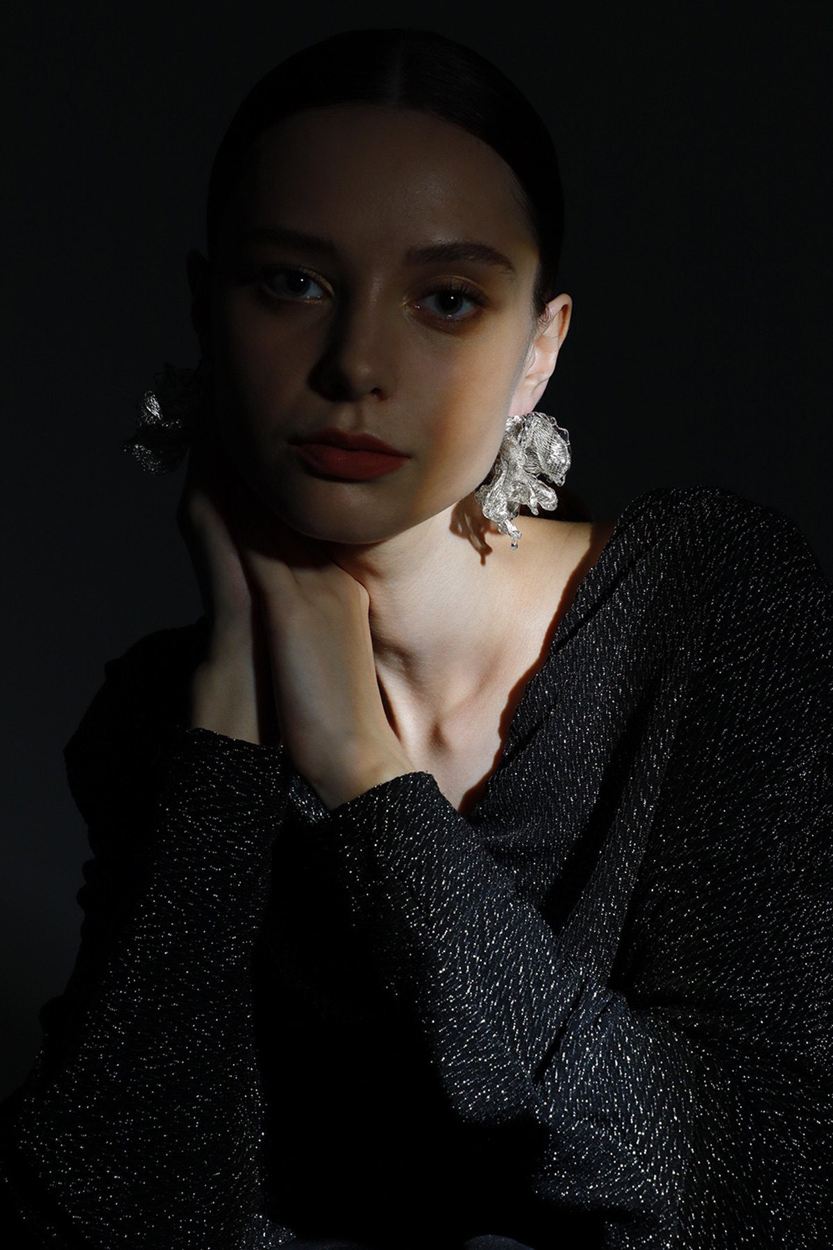 Avant-Garde Hand-Woven Metallic Mesh Flower Earrings - Sculptural Deconstructed Ruffled Ear Studs with Clear Ice-Like Drops  LUNA-X384