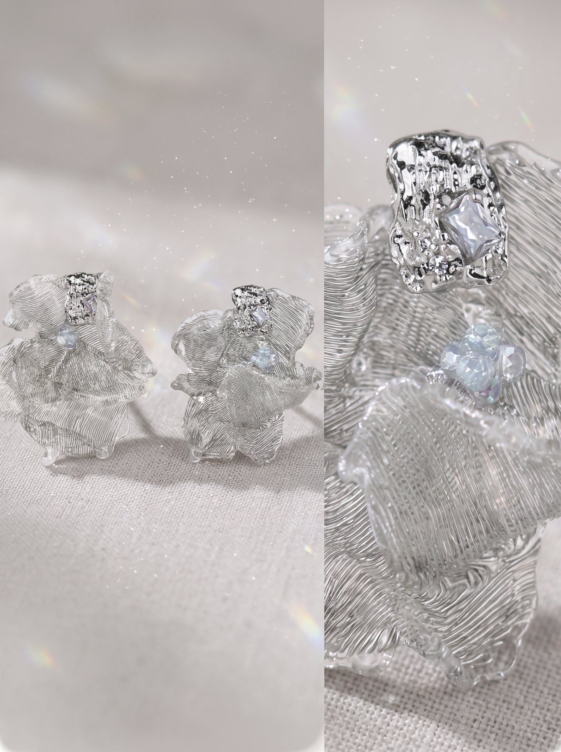 Avant-Garde Hand-Woven Metallic Mesh Flower Earrings - Sculptural Deconstructed Ruffled Ear Studs with Clear Ice-Like Drops  LUNA-X384