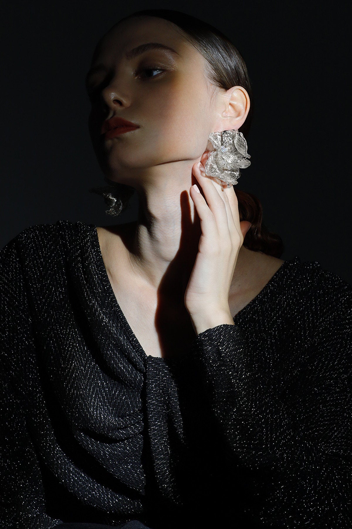 Avant-Garde Hand-Woven Metallic Mesh Flower Earrings - Sculptural Deconstructed Ruffled Ear Studs with Clear Ice-Like Drops  LUNA-X384