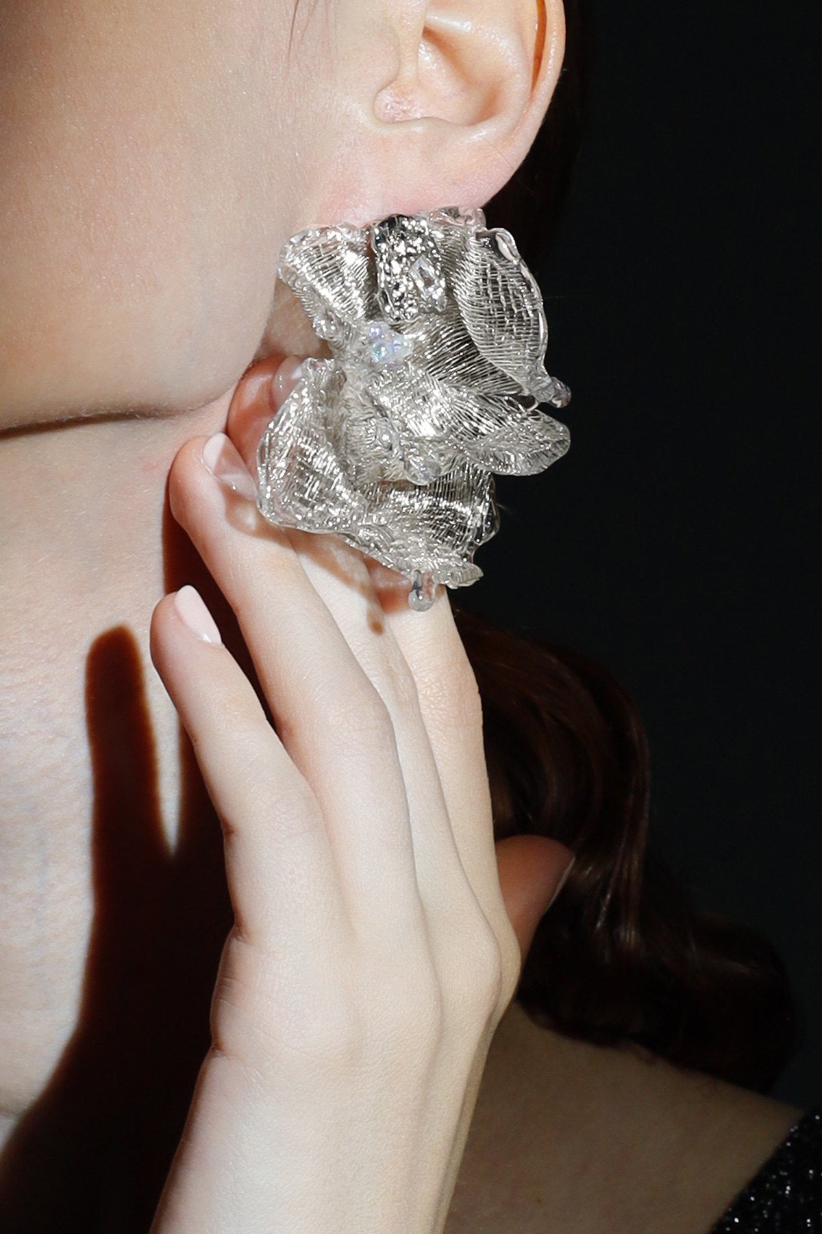 Avant-Garde Hand-Woven Metallic Mesh Flower Earrings - Sculptural Deconstructed Ruffled Ear Studs with Clear Ice-Like Drops  LUNA-X384