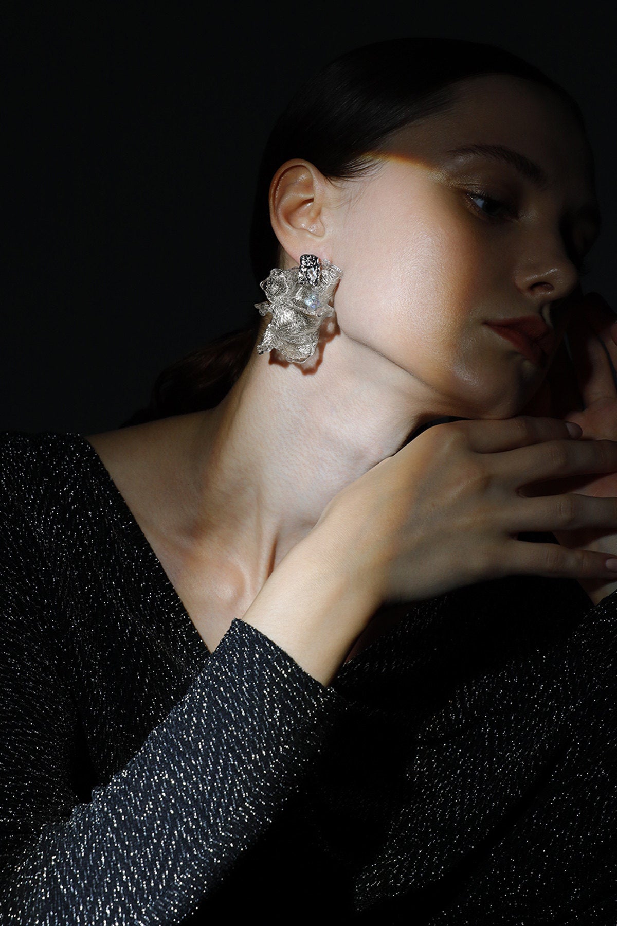Avant-Garde Hand-Woven Metallic Mesh Flower Earrings - Sculptural Deconstructed Ruffled Ear Studs with Clear Ice-Like Drops  LUNA-X384