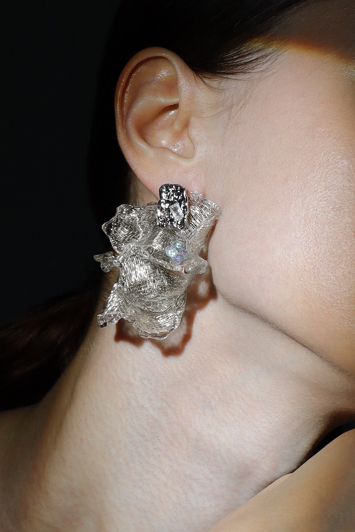 Avant-Garde Hand-Woven Metallic Mesh Flower Earrings - Sculptural Deconstructed Ruffled Ear Studs with Clear Ice-Like Drops  LUNA-X384