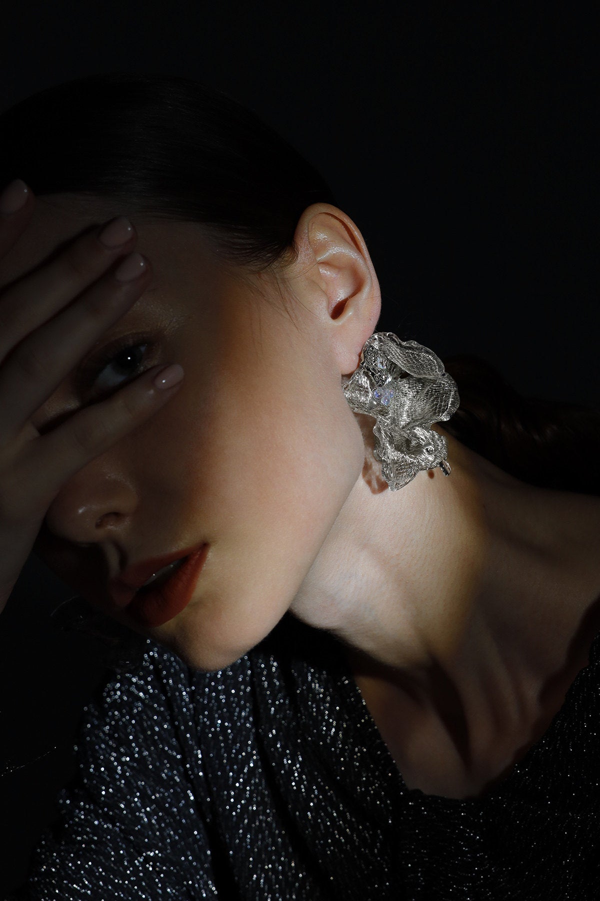 Avant-Garde Hand-Woven Metallic Mesh Flower Earrings - Sculptural Deconstructed Ruffled Ear Studs with Clear Ice-Like Drops  LUNA-X384
