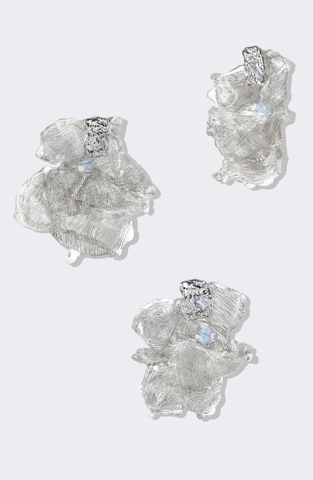 Avant-Garde Hand-Woven Metallic Mesh Flower Earrings - Sculptural Deconstructed Ruffled Ear Studs with Clear Ice-Like Drops  LUNA-X384