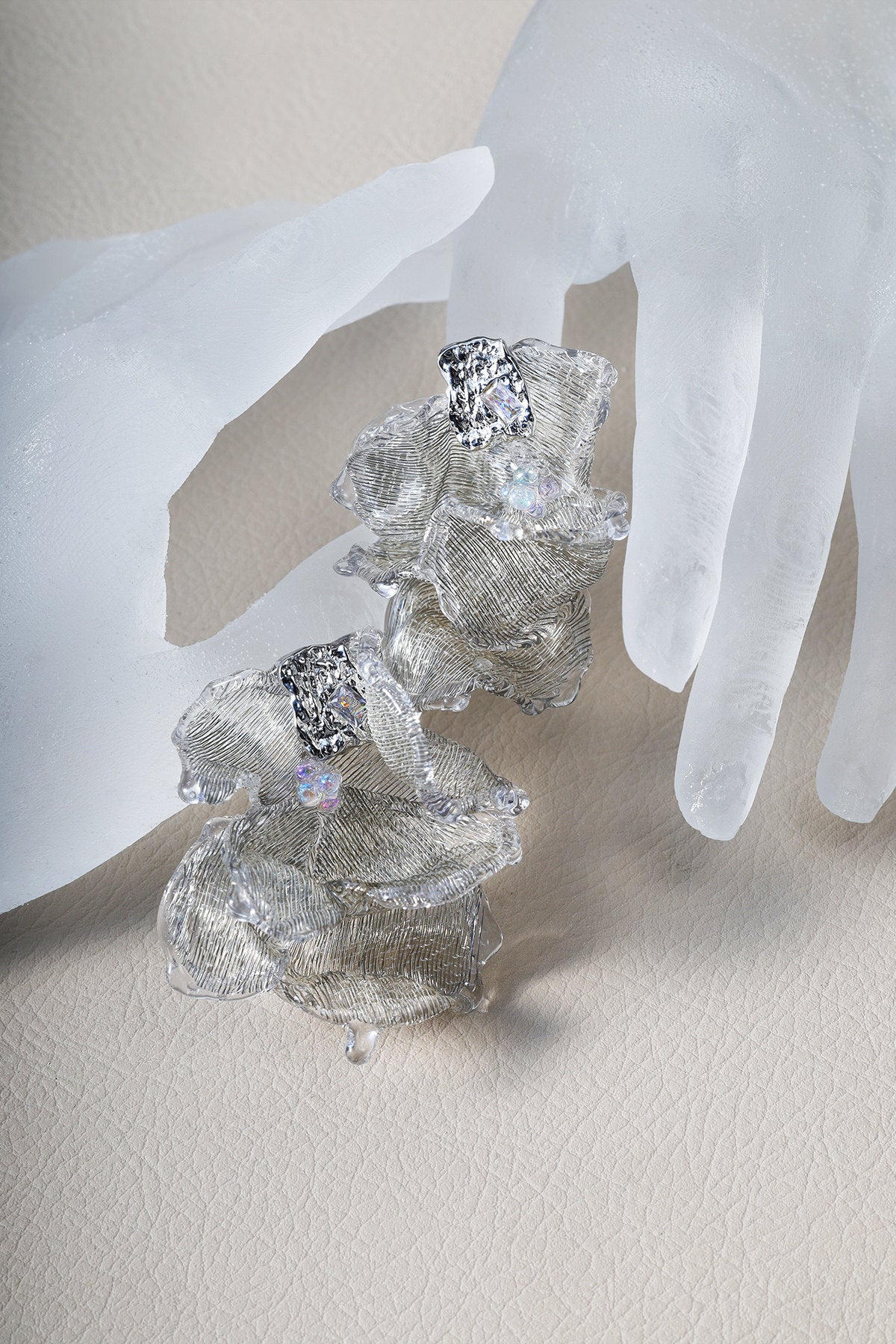 Avant-Garde Hand-Woven Metallic Mesh Flower Earrings - Sculptural Deconstructed Ruffled Ear Studs with Clear Ice-Like Drops  LUNA-X384