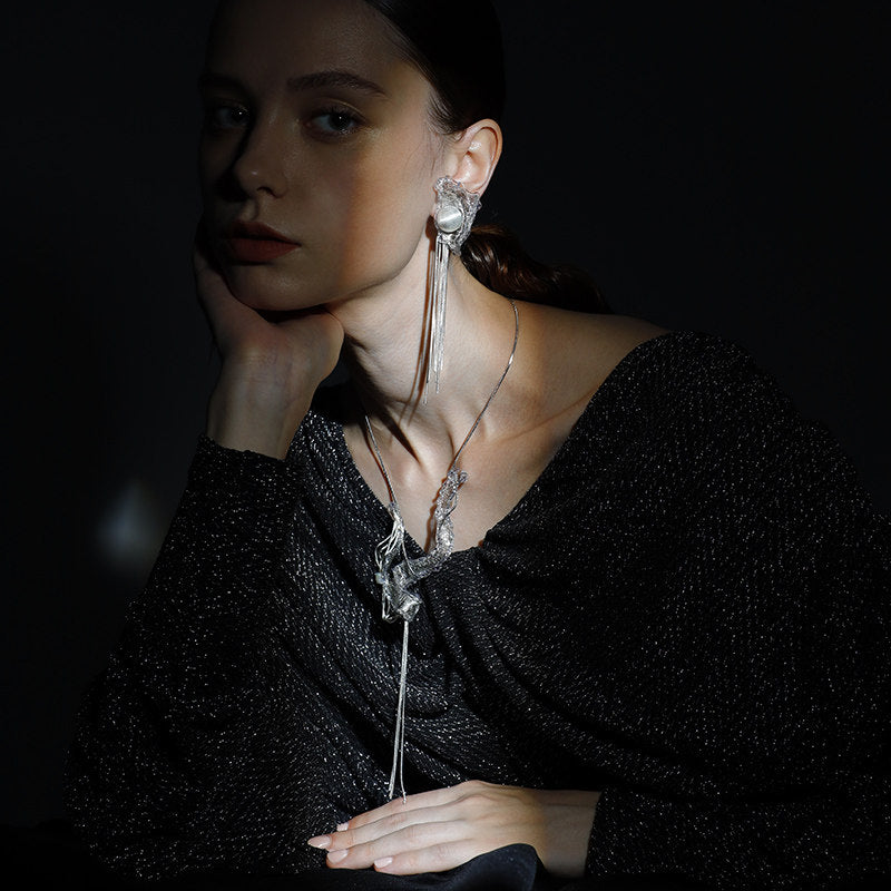 Avant-Garde Hand-Woven Metallic Mesh Wave Tassel Earrings - Deconstructed Liquid-Edge Drop Earrings with Cascading Chains and Satin-Finish Orb LUNA-X385