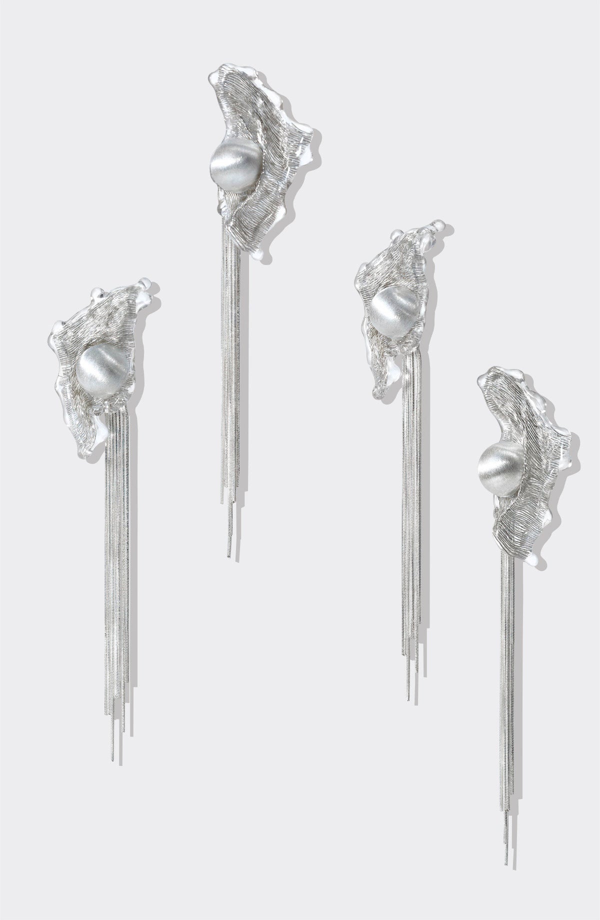 Avant-Garde Hand-Woven Metallic Mesh Wave Tassel Earrings - Deconstructed Liquid-Edge Drop Earrings with Cascading Chains and Satin-Finish Orb LUNA-X385