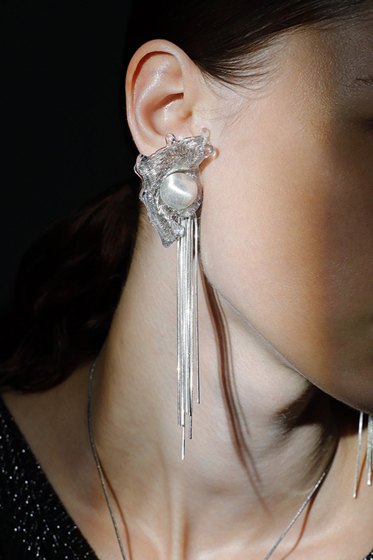 Avant-Garde Hand-Woven Metallic Mesh Wave Tassel Earrings - Deconstructed Liquid-Edge Drop Earrings with Cascading Chains and Satin-Finish Orb LUNA-X385