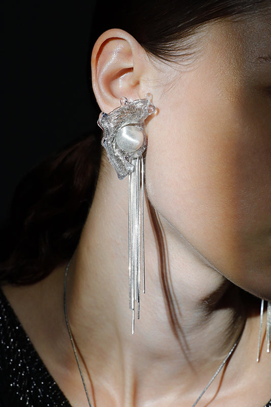 Avant-Garde Hand-Woven Metallic Mesh Wave Tassel Earrings - Deconstructed Liquid-Edge Drop Earrings with Cascading Chains and Satin-Finish Orb LUNA-X385