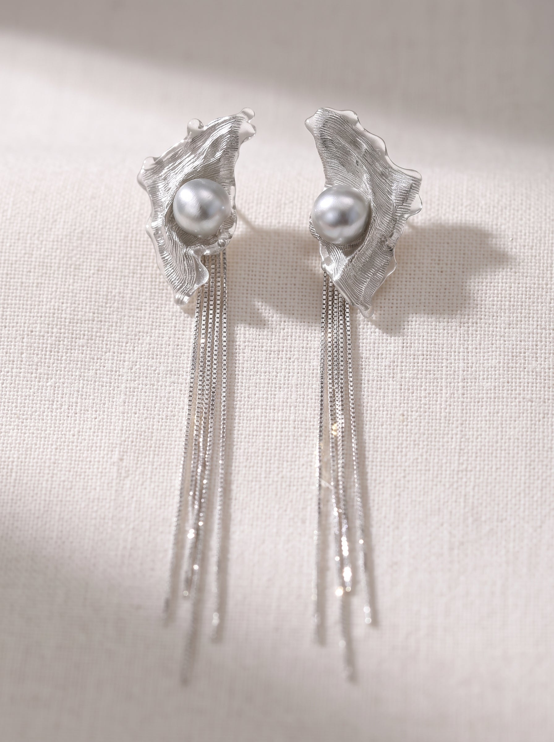 Avant-Garde Hand-Woven Metallic Mesh Wave Tassel Earrings - Deconstructed Liquid-Edge Drop Earrings with Cascading Chains and Satin-Finish Orb LUNA-X385