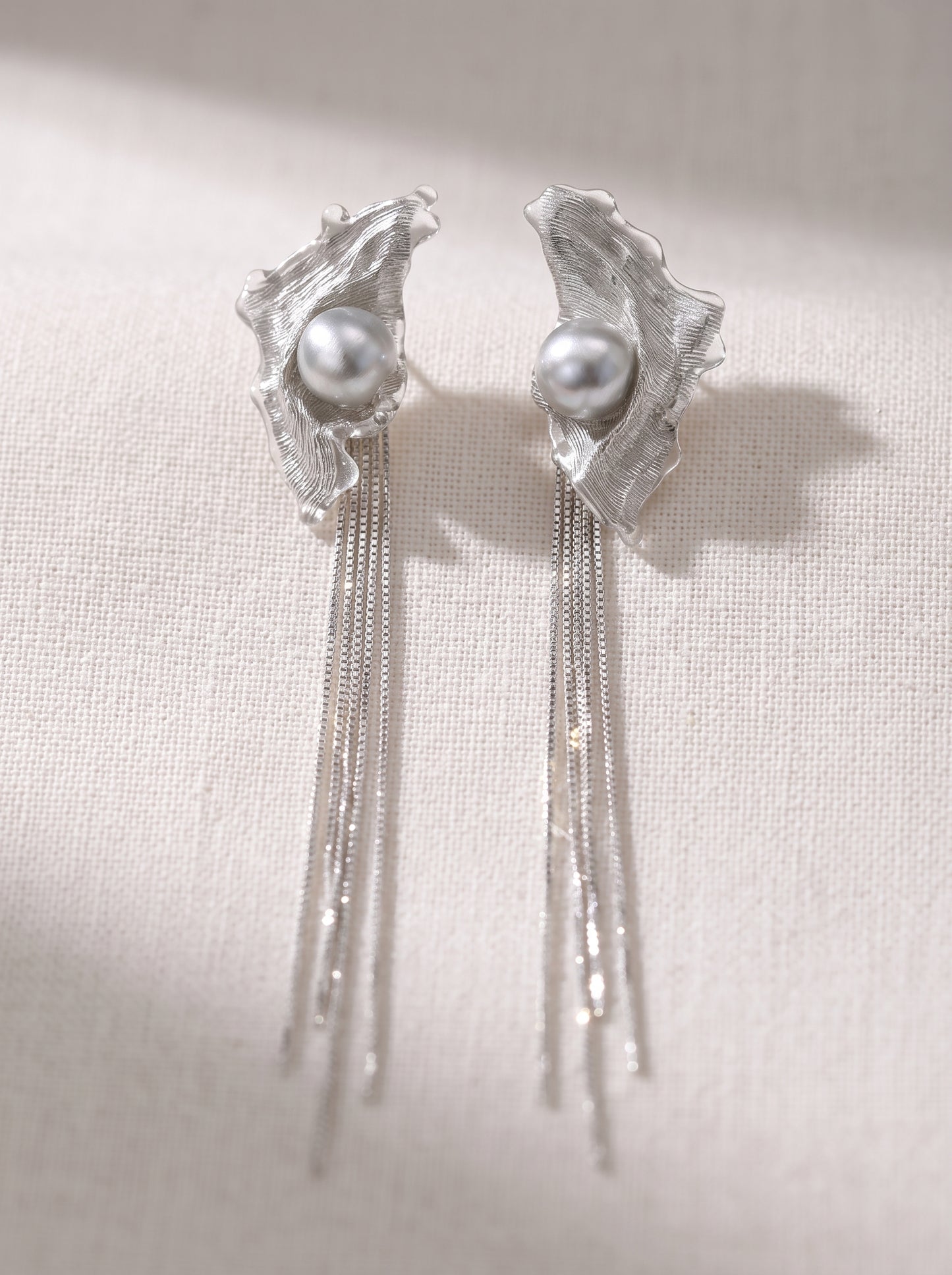 Avant-Garde Hand-Woven Metallic Mesh Wave Tassel Earrings - Deconstructed Liquid-Edge Drop Earrings with Cascading Chains and Satin-Finish Orb LUNA-X385