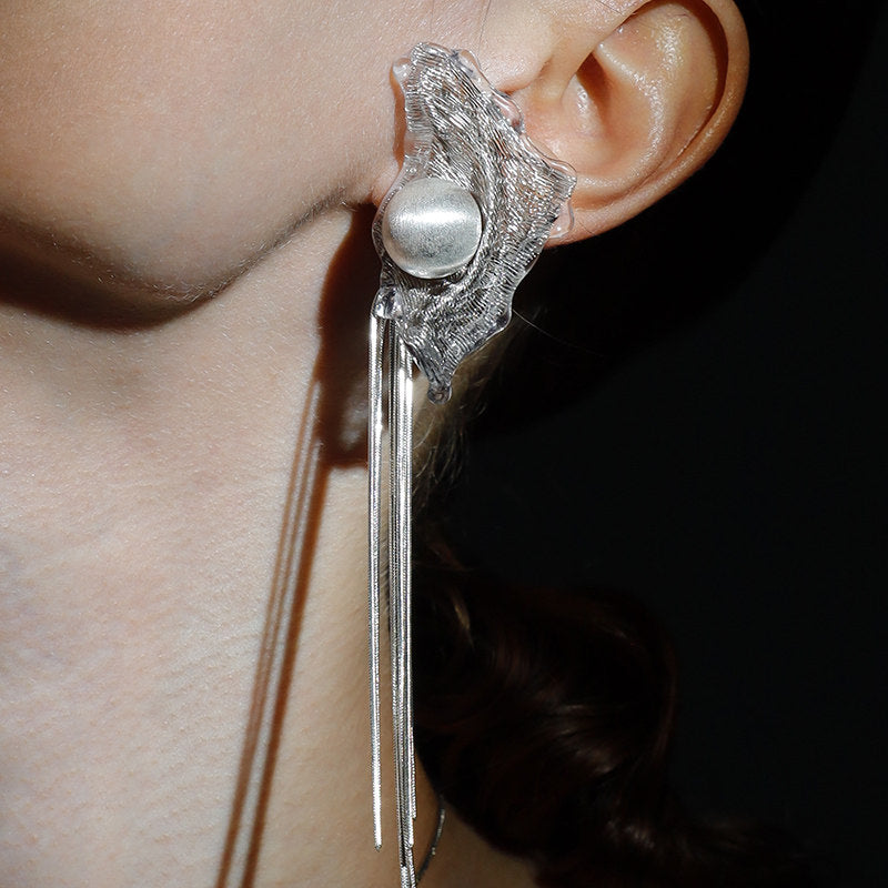 Avant-Garde Hand-Woven Metallic Mesh Wave Tassel Earrings - Deconstructed Liquid-Edge Drop Earrings with Cascading Chains and Satin-Finish Orb LUNA-X385