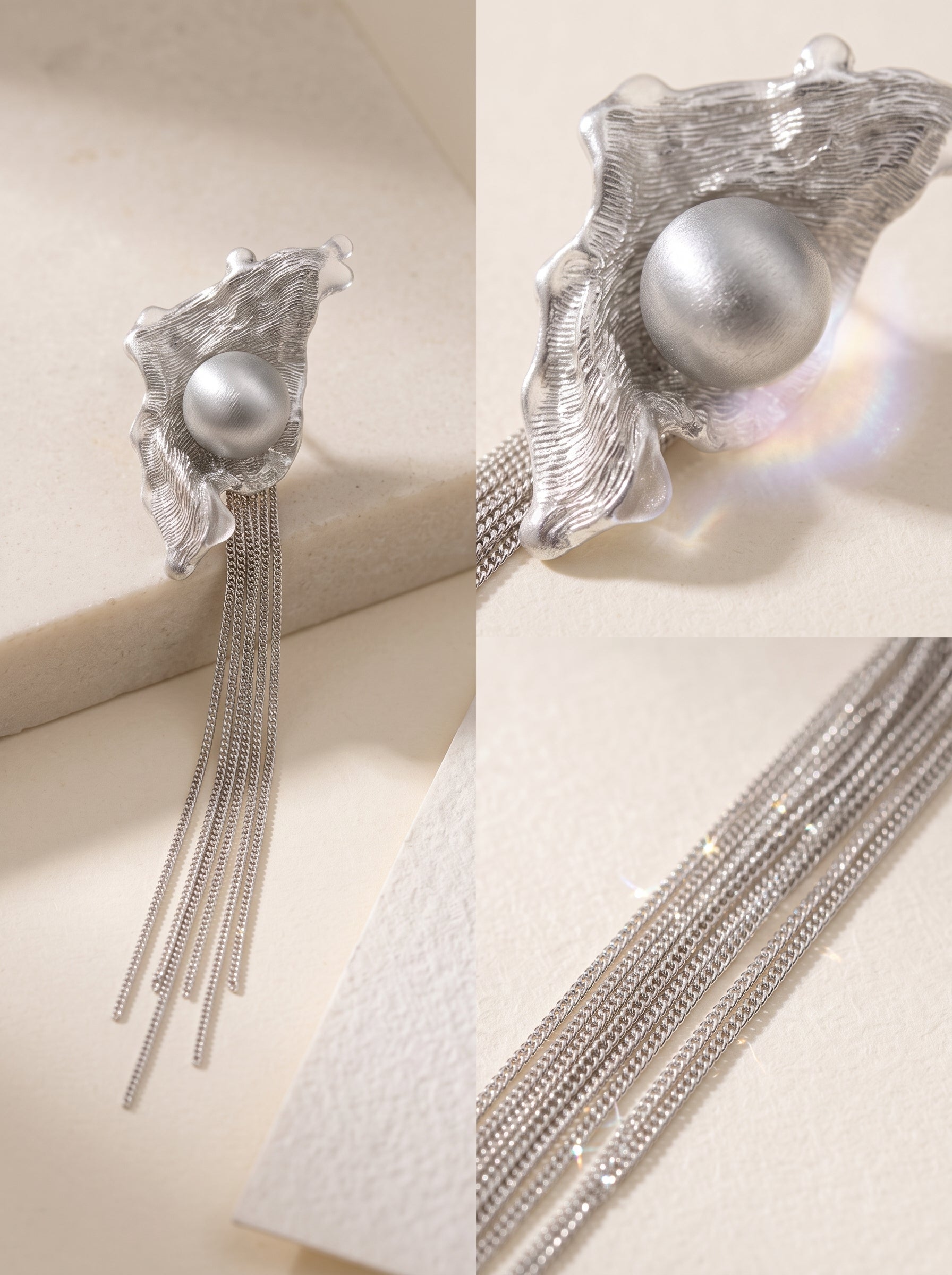 Avant-Garde Hand-Woven Metallic Mesh Wave Tassel Earrings - Deconstructed Liquid-Edge Drop Earrings with Cascading Chains and Satin-Finish Orb LUNA-X385