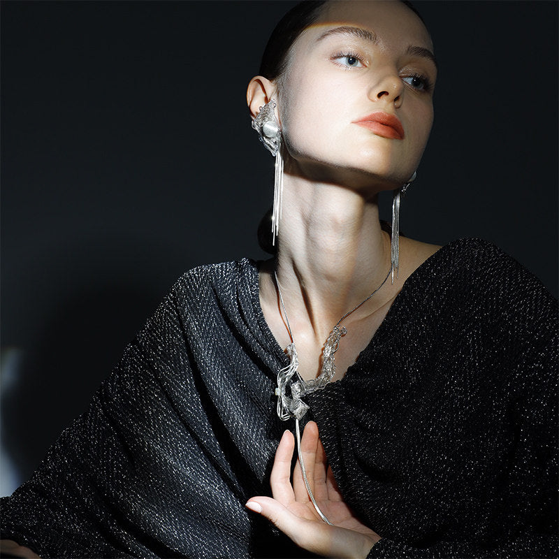 Avant-Garde Hand-Woven Metallic Mesh Wave Tassel Earrings - Deconstructed Liquid-Edge Drop Earrings with Cascading Chains and Satin-Finish Orb LUNA-X385