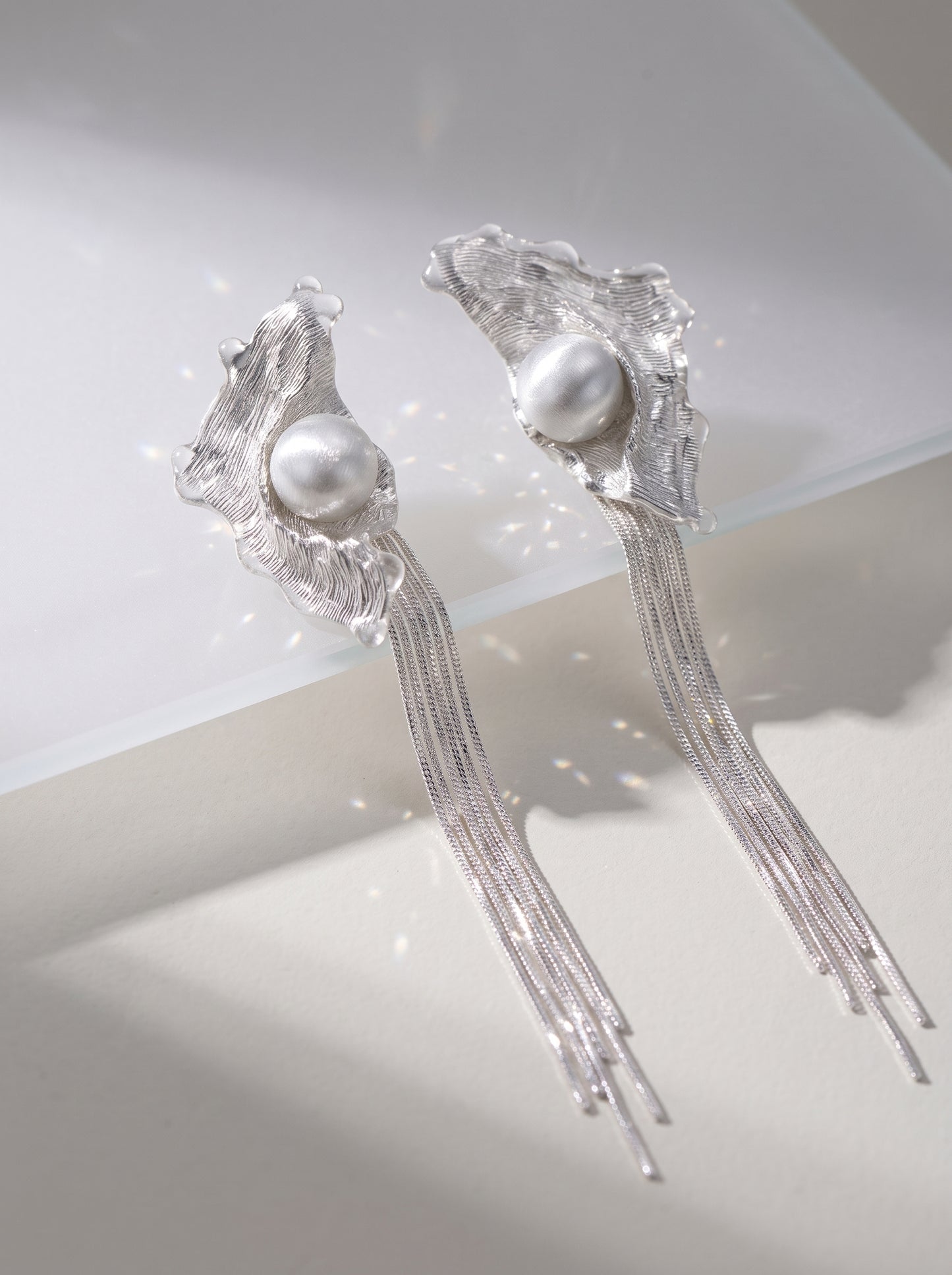 Avant-Garde Hand-Woven Metallic Mesh Wave Tassel Earrings - Deconstructed Liquid-Edge Drop Earrings with Cascading Chains and Satin-Finish Orb LUNA-X385