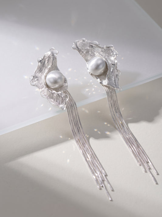Avant-Garde Hand-Woven Metallic Mesh Wave Tassel Earrings - Deconstructed Liquid-Edge Drop Earrings with Cascading Chains and Satin-Finish Orb LUNA-X385