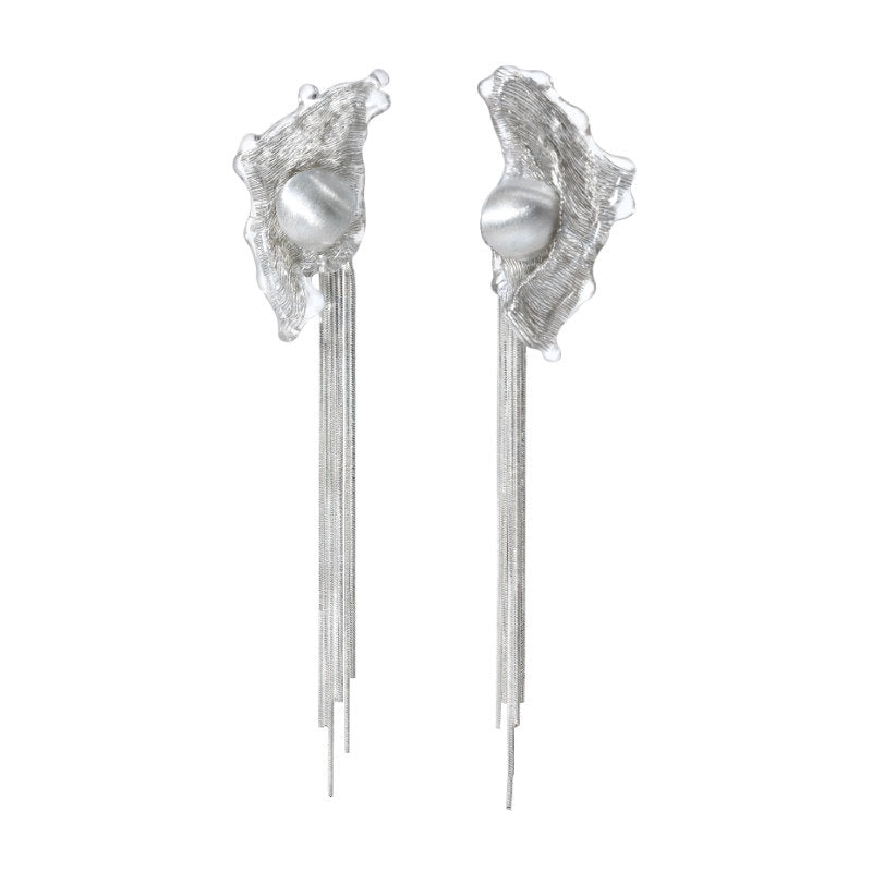 Avant-Garde Hand-Woven Metallic Mesh Wave Tassel Earrings - Deconstructed Liquid-Edge Drop Earrings with Cascading Chains and Satin-Finish Orb LUNA-X385
