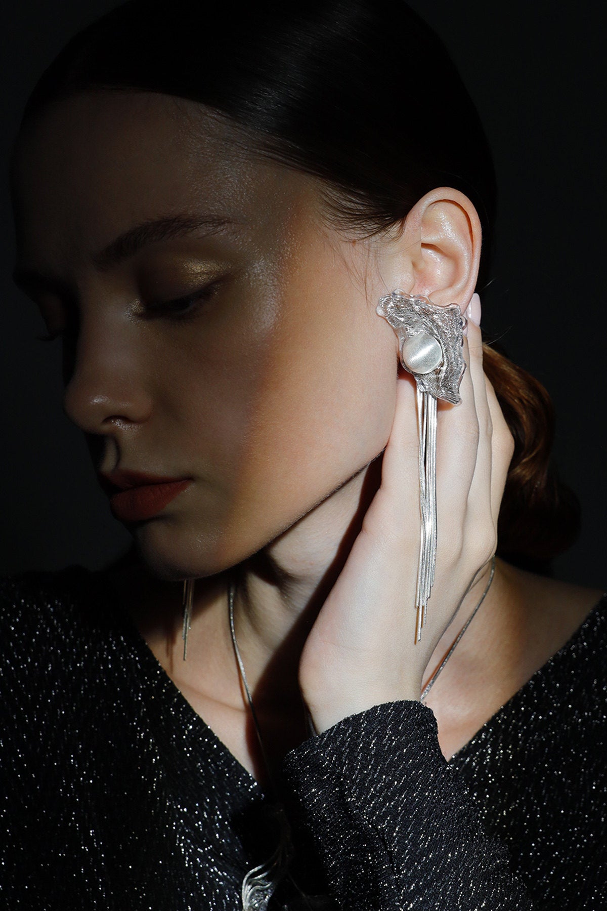 Avant-Garde Hand-Woven Metallic Mesh Wave Tassel Earrings - Deconstructed Liquid-Edge Drop Earrings with Cascading Chains and Satin-Finish Orb LUNA-X385