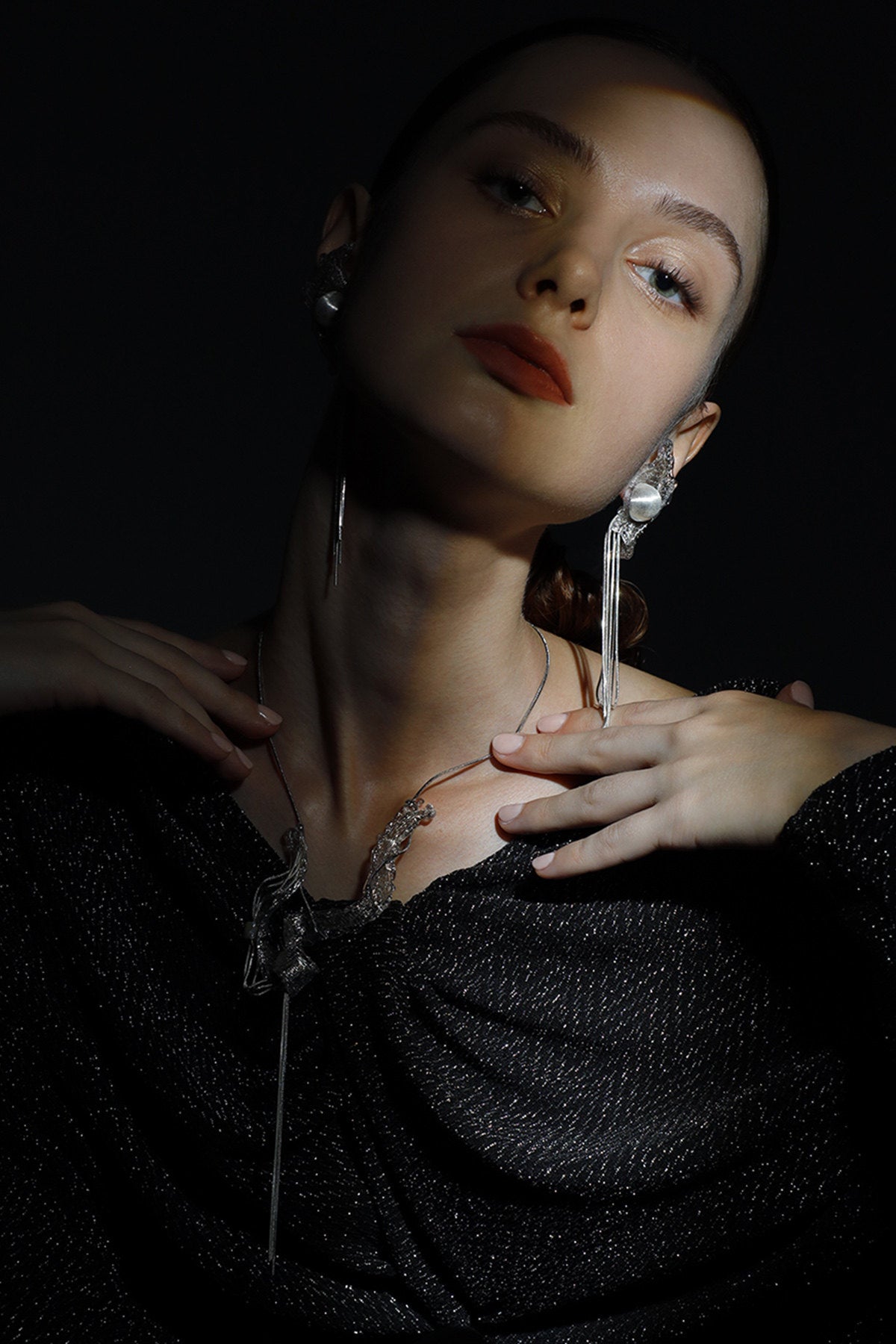 Avant-Garde Hand-Woven Metallic Mesh Wave Tassel Earrings - Deconstructed Liquid-Edge Drop Earrings with Cascading Chains and Satin-Finish Orb LUNA-X385