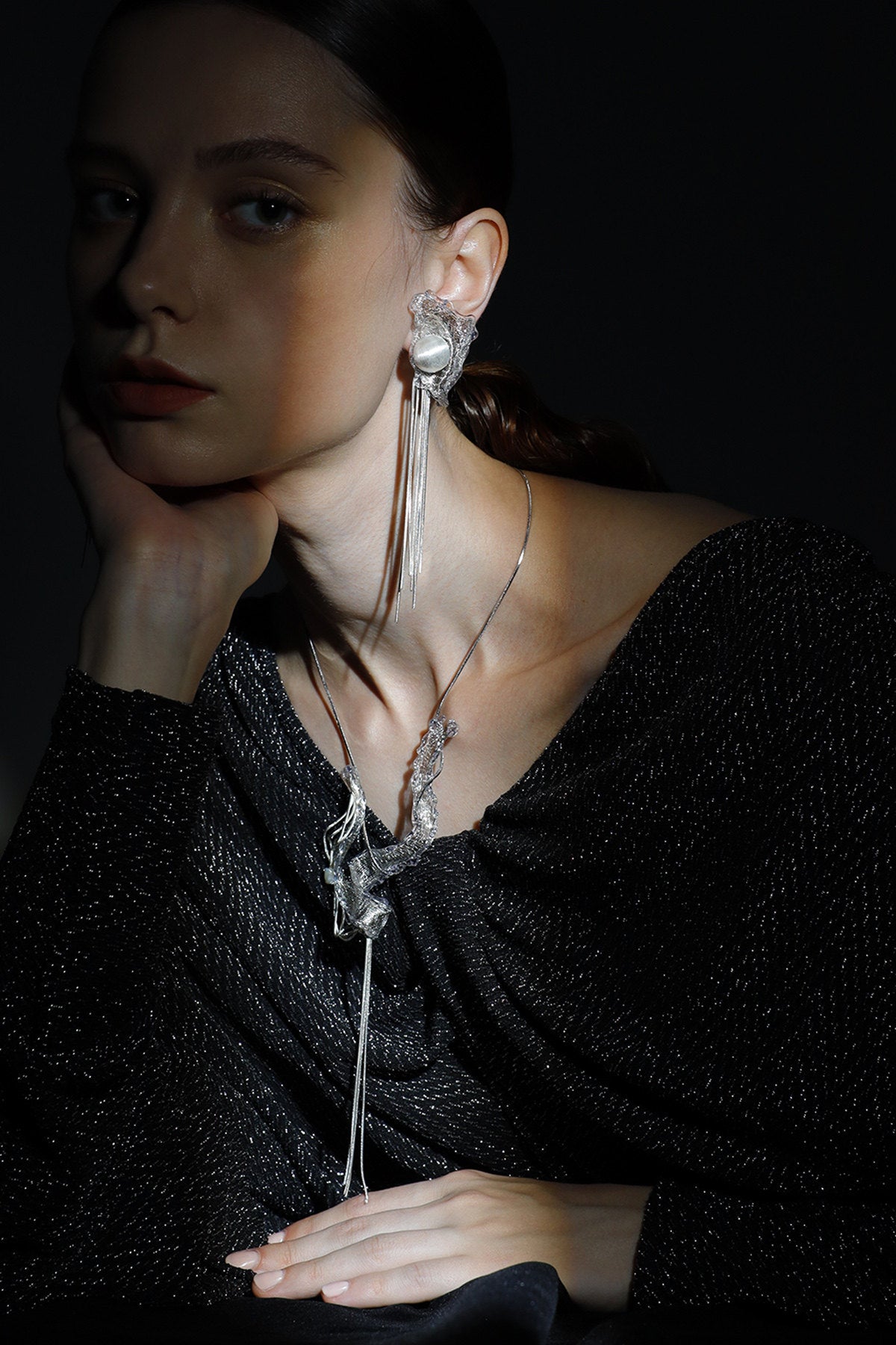 Avant-Garde Hand-Woven Metallic Mesh Wave Tassel Earrings - Deconstructed Liquid-Edge Drop Earrings with Cascading Chains and Satin-Finish Orb LUNA-X385