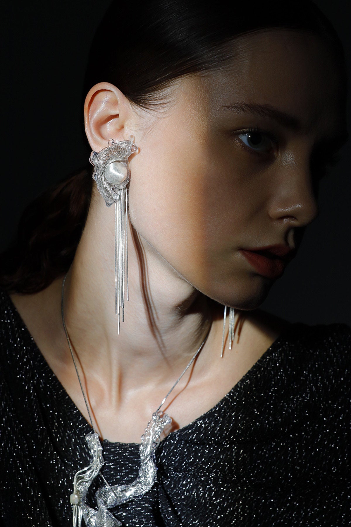 Avant-Garde Hand-Woven Metallic Mesh Wave Tassel Earrings - Deconstructed Liquid-Edge Drop Earrings with Cascading Chains and Satin-Finish Orb LUNA-X385