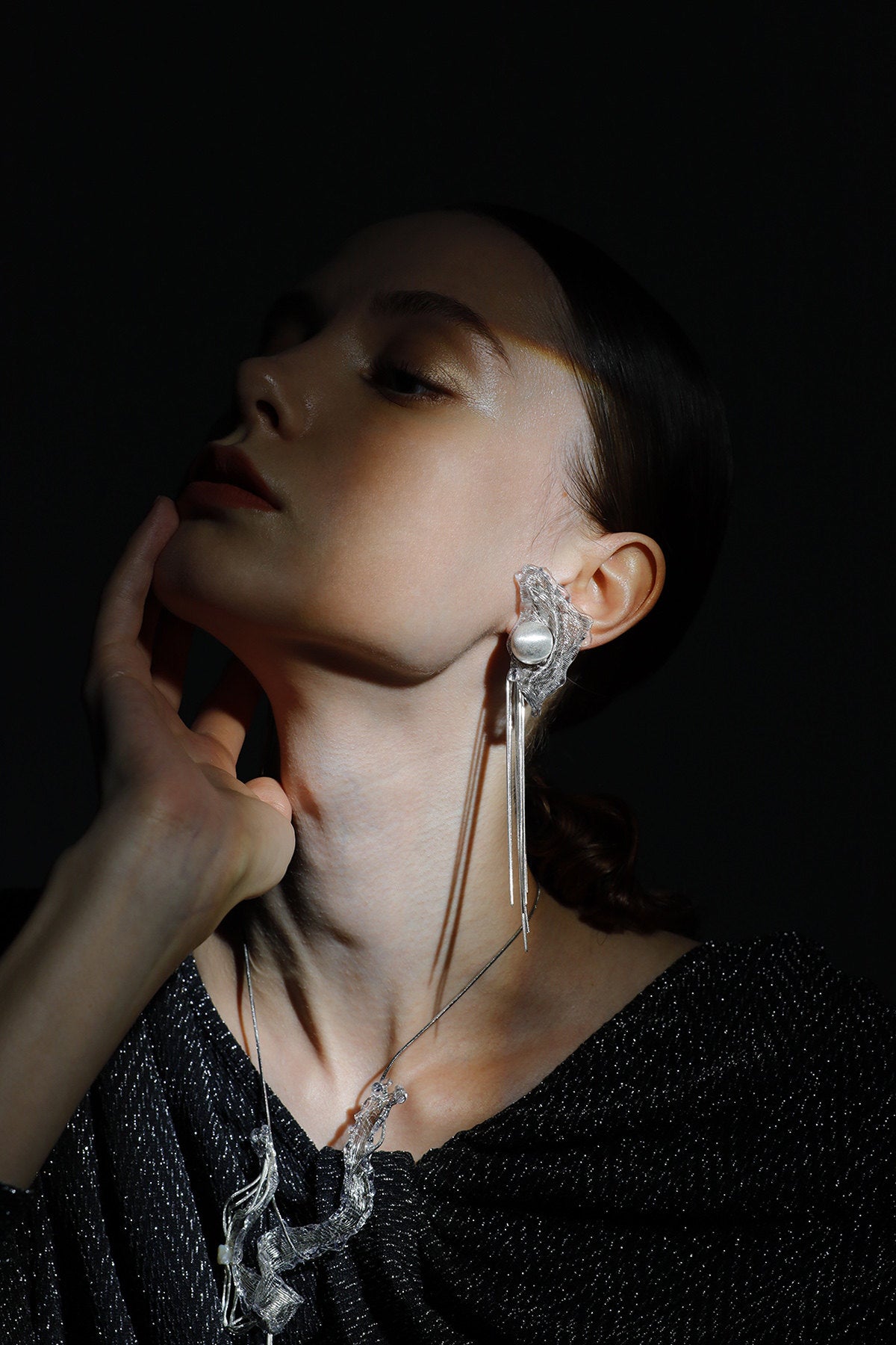Avant-Garde Hand-Woven Metallic Mesh Wave Tassel Earrings - Deconstructed Liquid-Edge Drop Earrings with Cascading Chains and Satin-Finish Orb LUNA-X385