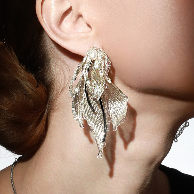 Avant-Garde Hand-Woven Metallic Mesh Leaf Earrings - Deconstructed Fluid Wave Drop Earrings with Glassy Ice Trim and Lustrous Orb LUNA-X386