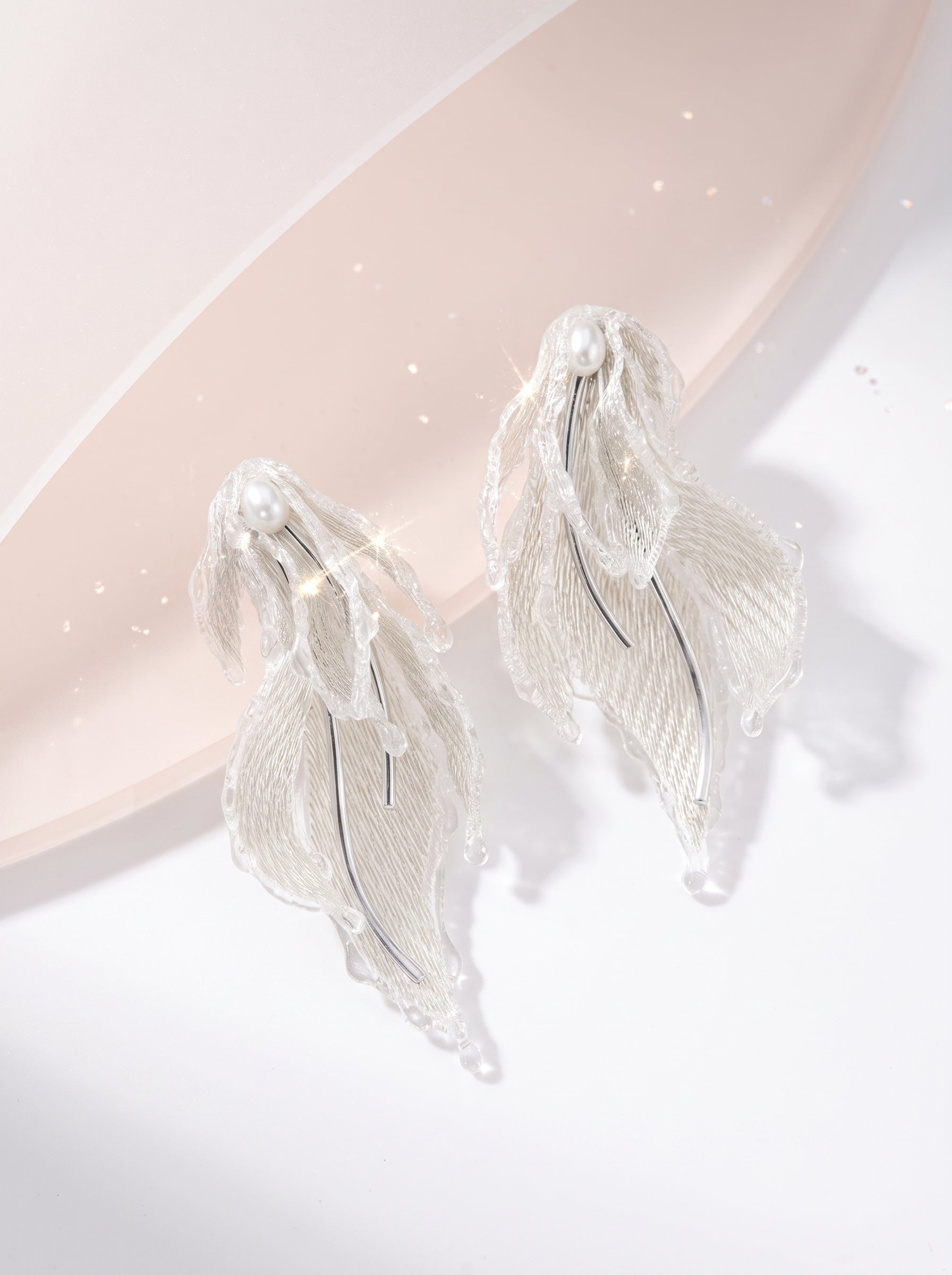 Avant-Garde Hand-Woven Metallic Mesh Leaf Earrings - Deconstructed Fluid Wave Drop Earrings with Glassy Ice Trim and Lustrous Orb LUNA-X386